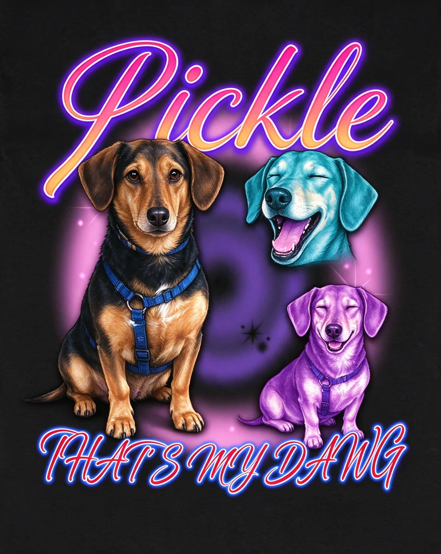 Bootleg tee example featuring a dog named Pickle