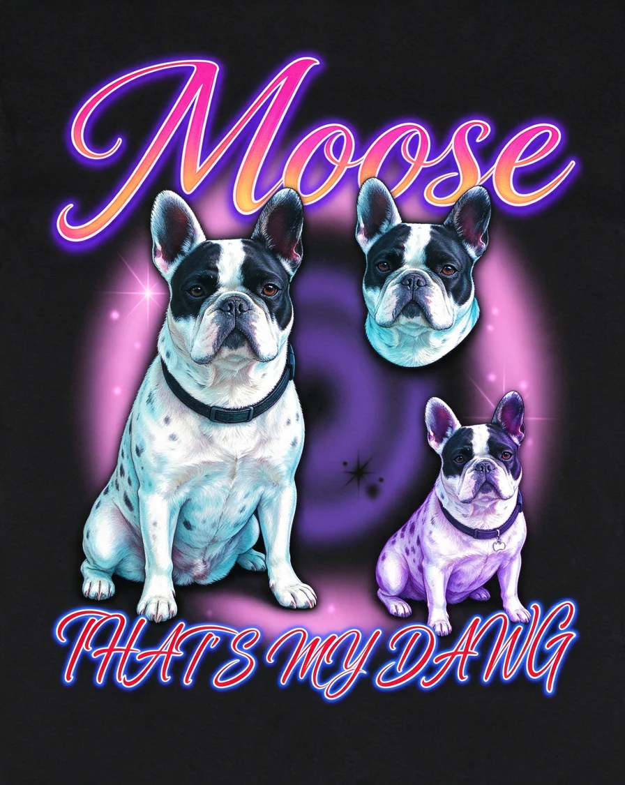 Custom 90s Airbrush bootleg tee featuring a dog named Moose