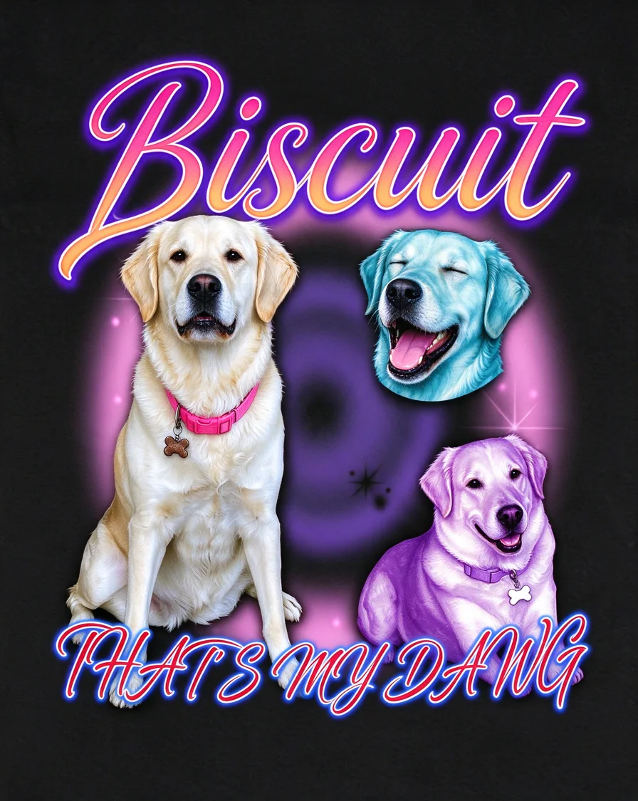 Custom 90s Airbrush bootleg tee featuring a dog named Biscuit