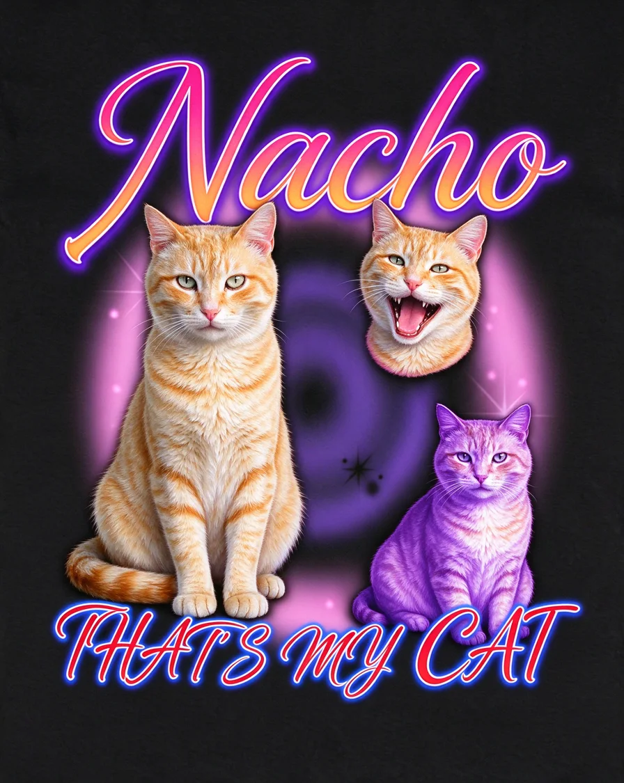 Bootleg tee example featuring a cat named Nacho