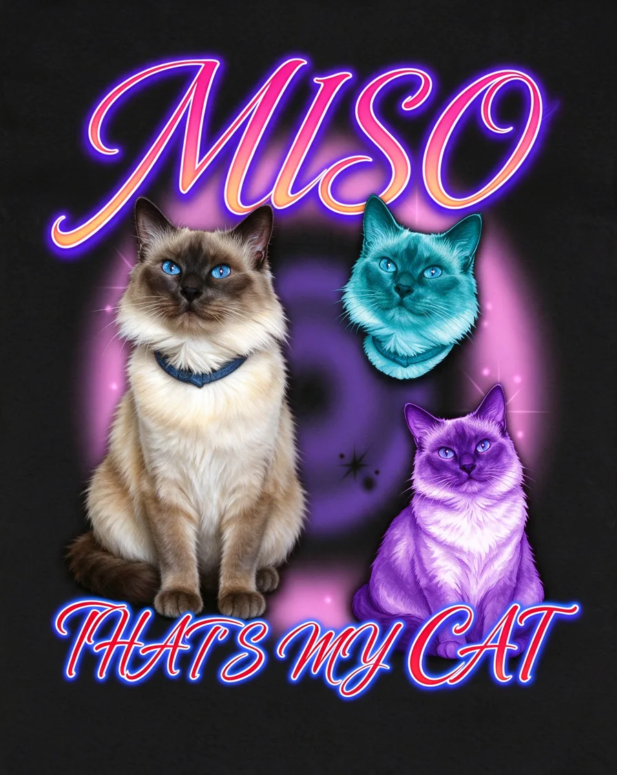 Custom 90s Airbrush bootleg tee featuring a cat named Miso — a gift for cat lovers