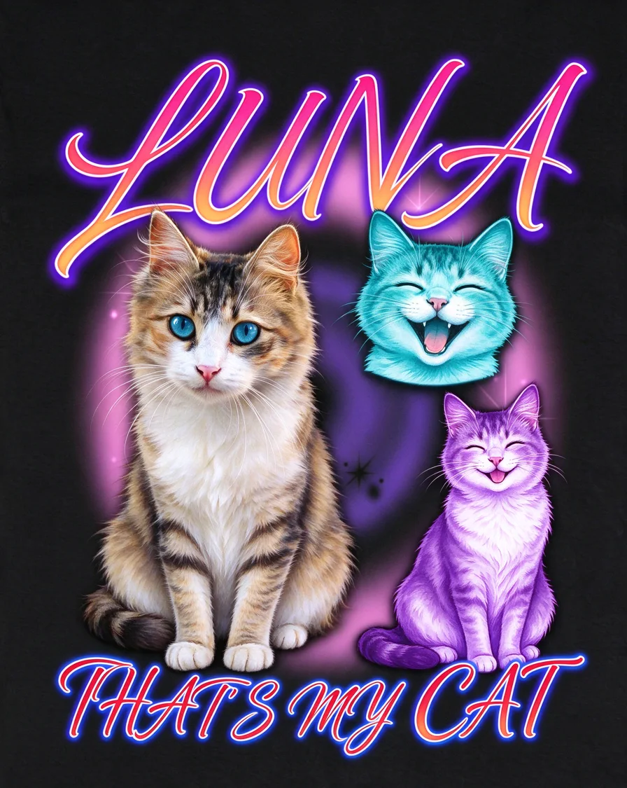 Custom 90s Airbrush bootleg tee featuring a cat named Luna