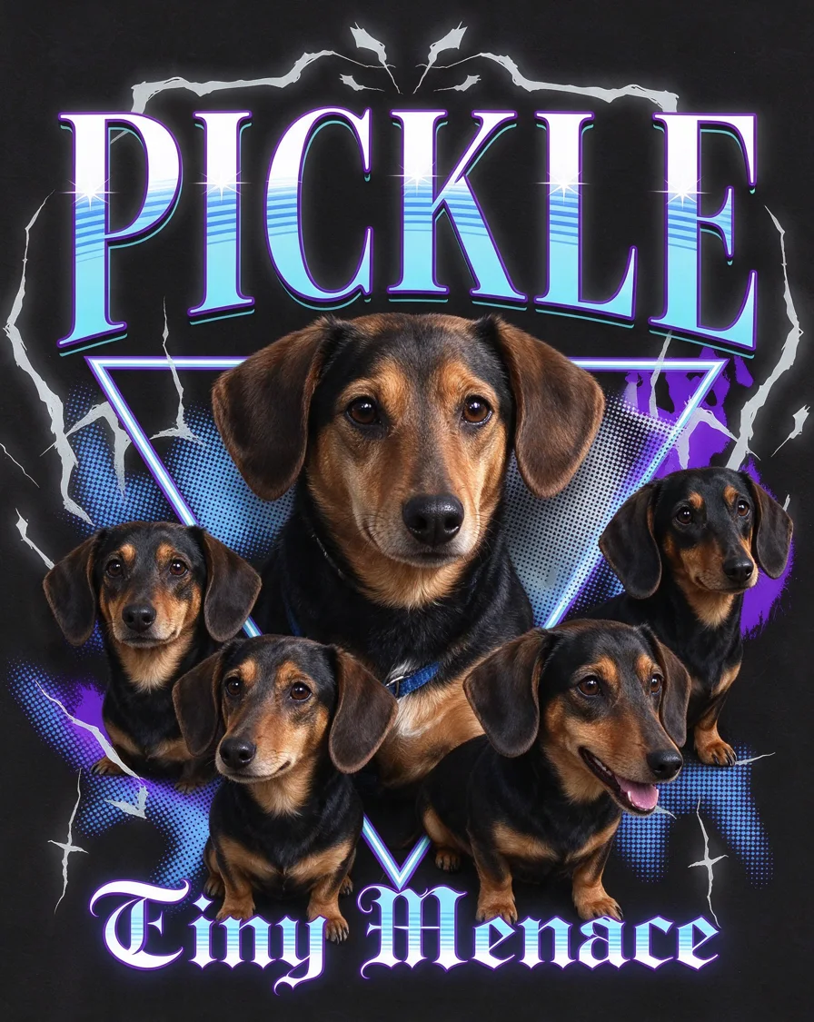 Bootleg tee example featuring a dog named Pickle