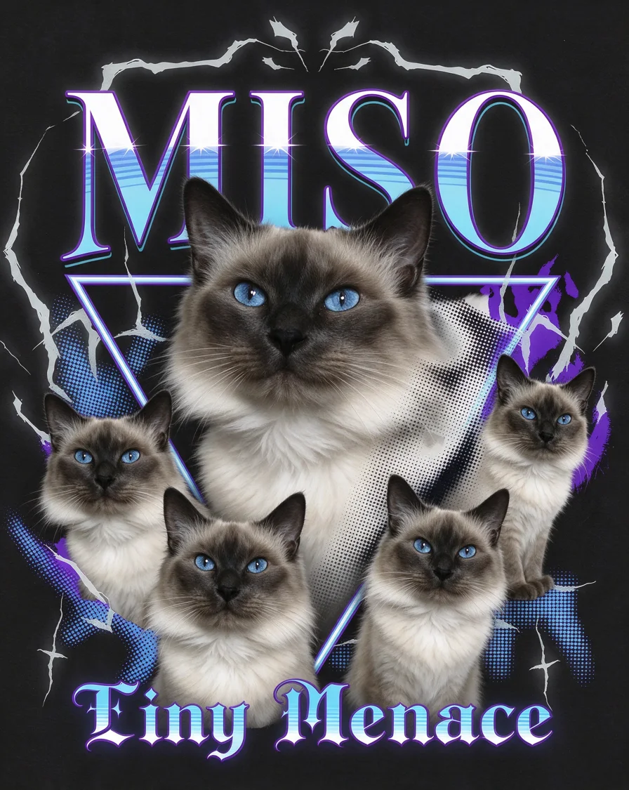 Bootleg tee example featuring a cat named Miso