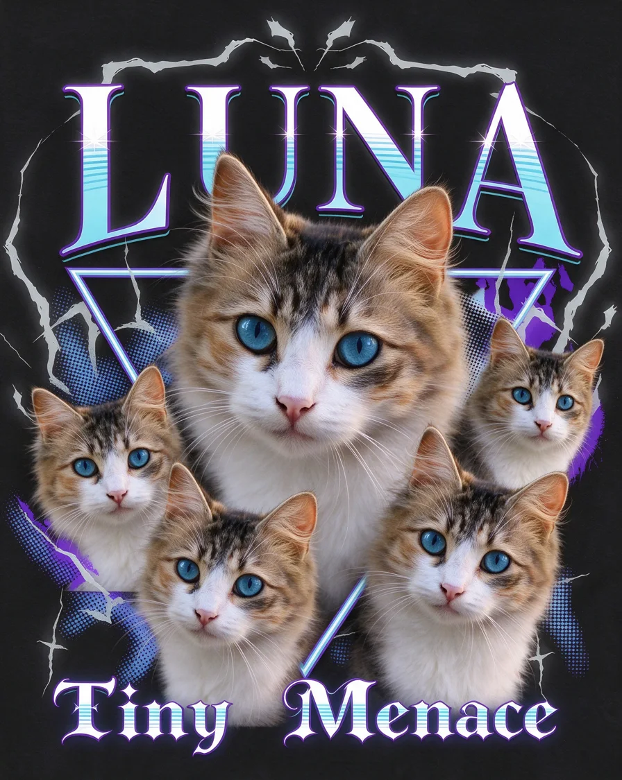 Bootleg tee example featuring a cat named Luna