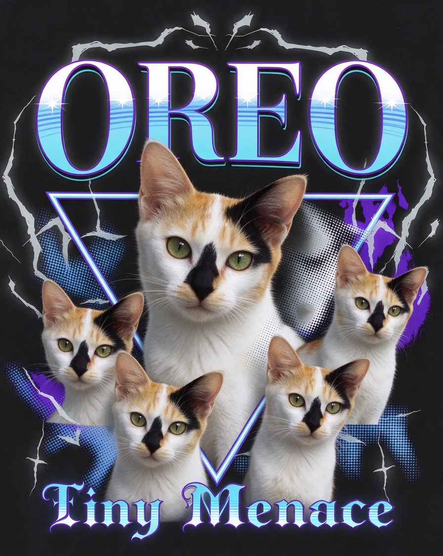 Custom Chrome Demon bootleg tee featuring a cat named Oreo
