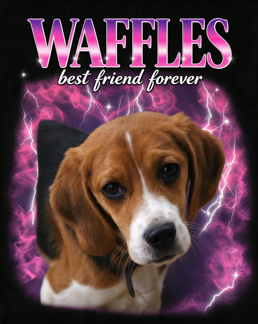 Custom Lightning Portrait bootleg tee featuring a dog named Waffles