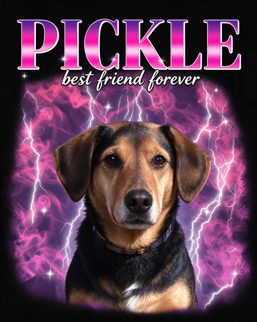Bootleg tee example featuring a dog named Pickle