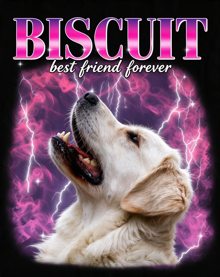 Custom Lightning Portrait bootleg tee featuring a dog named Biscuit