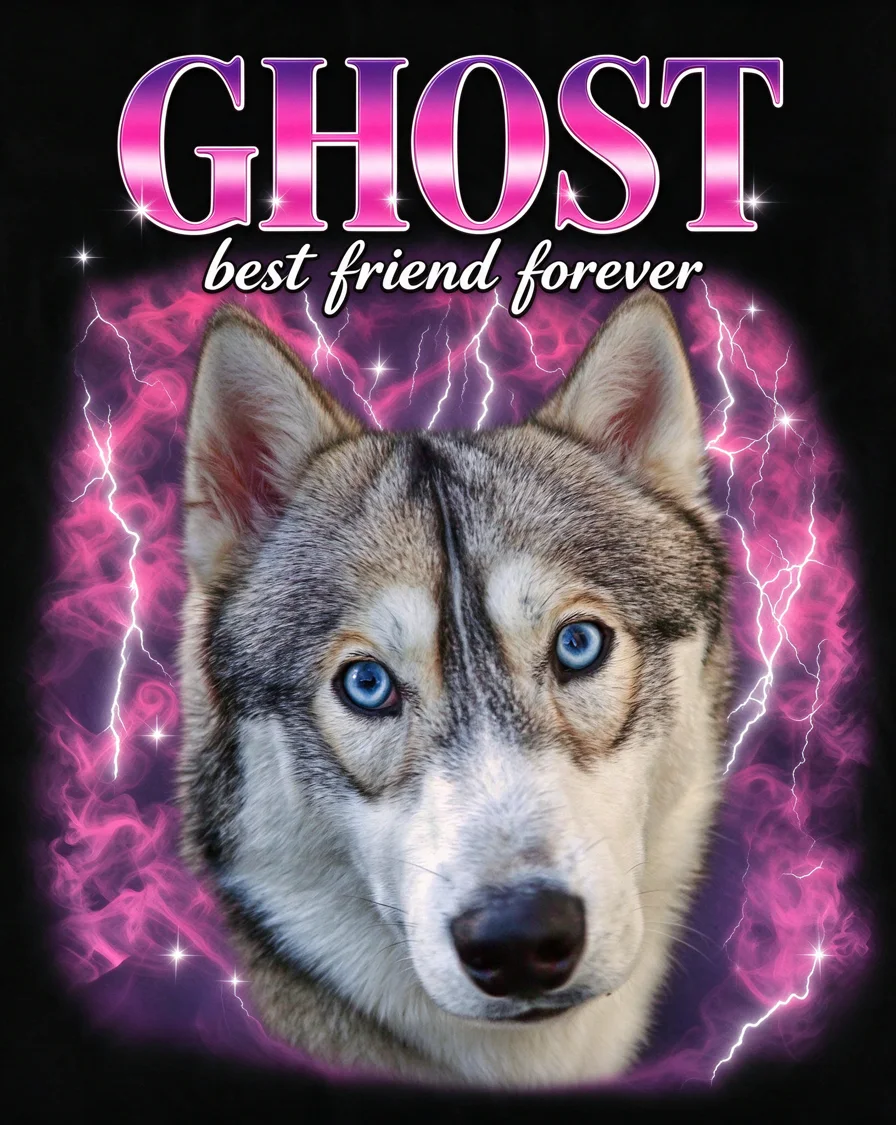 Bootleg tee example featuring a dog named Ghost