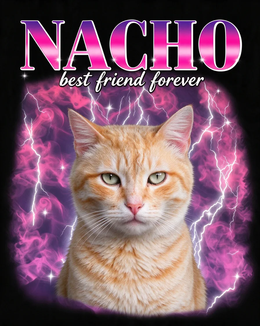Bootleg tee example featuring a cat named Nacho