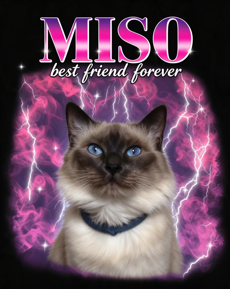 Custom Lightning Portrait bootleg tee featuring a cat named Miso