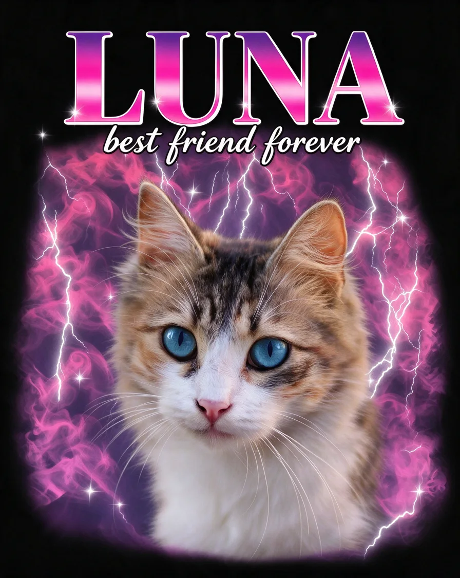 Custom Lightning Portrait bootleg tee featuring a cat named Luna