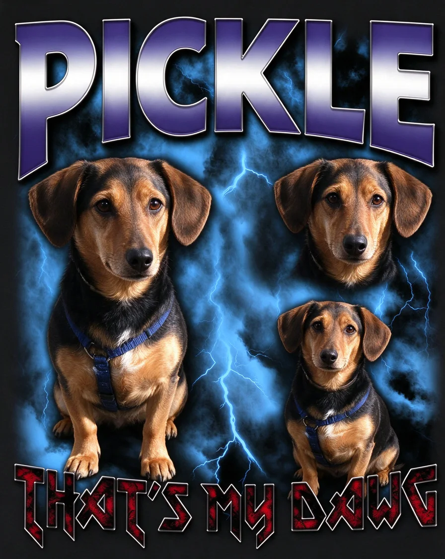 Bootleg tee example featuring a dog named Pickle