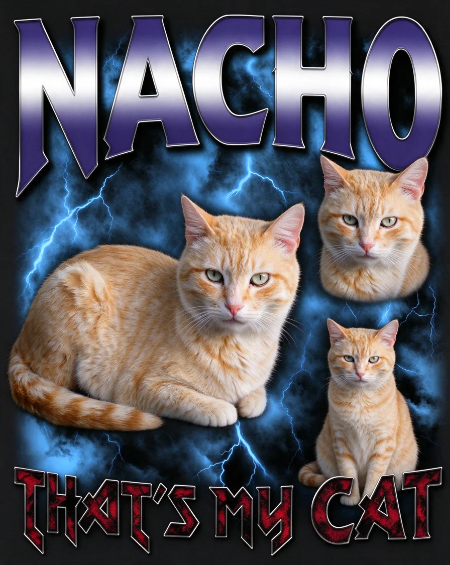 Bootleg tee example featuring a cat named Nacho