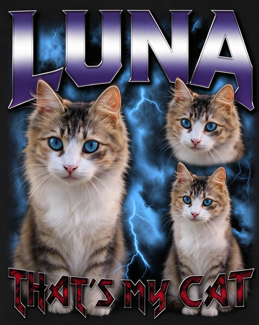 Custom Metal Tour bootleg tee featuring a cat named Luna