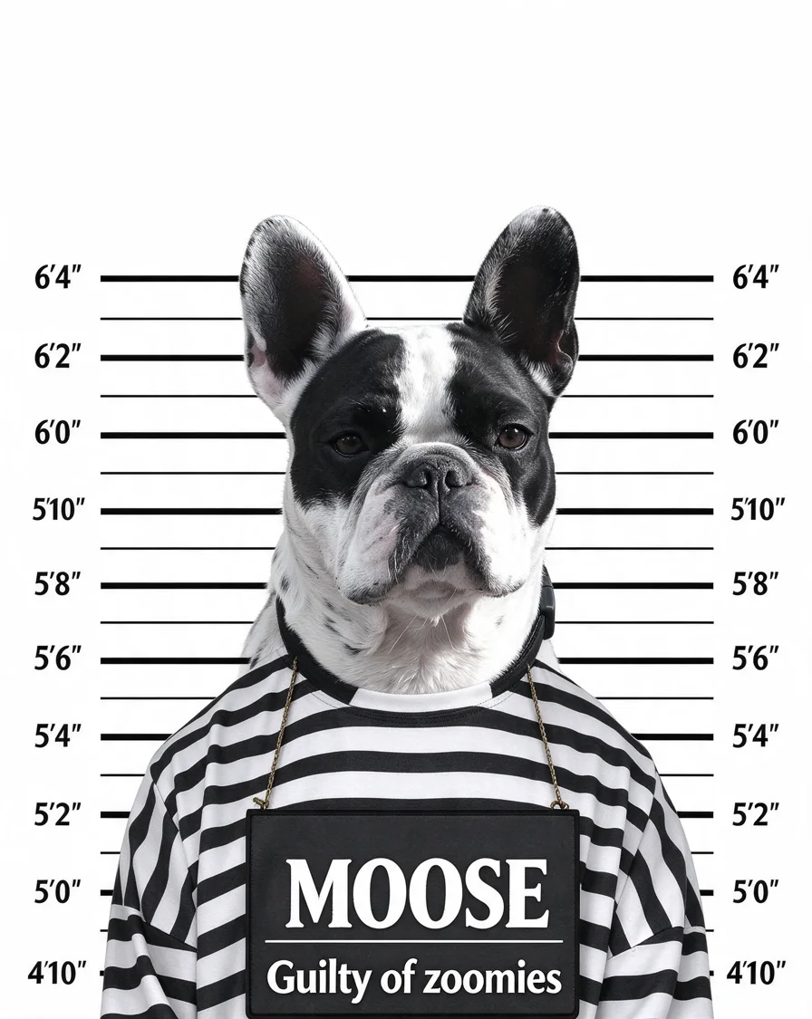 Custom Mugshot bootleg tee featuring a dog named Moose