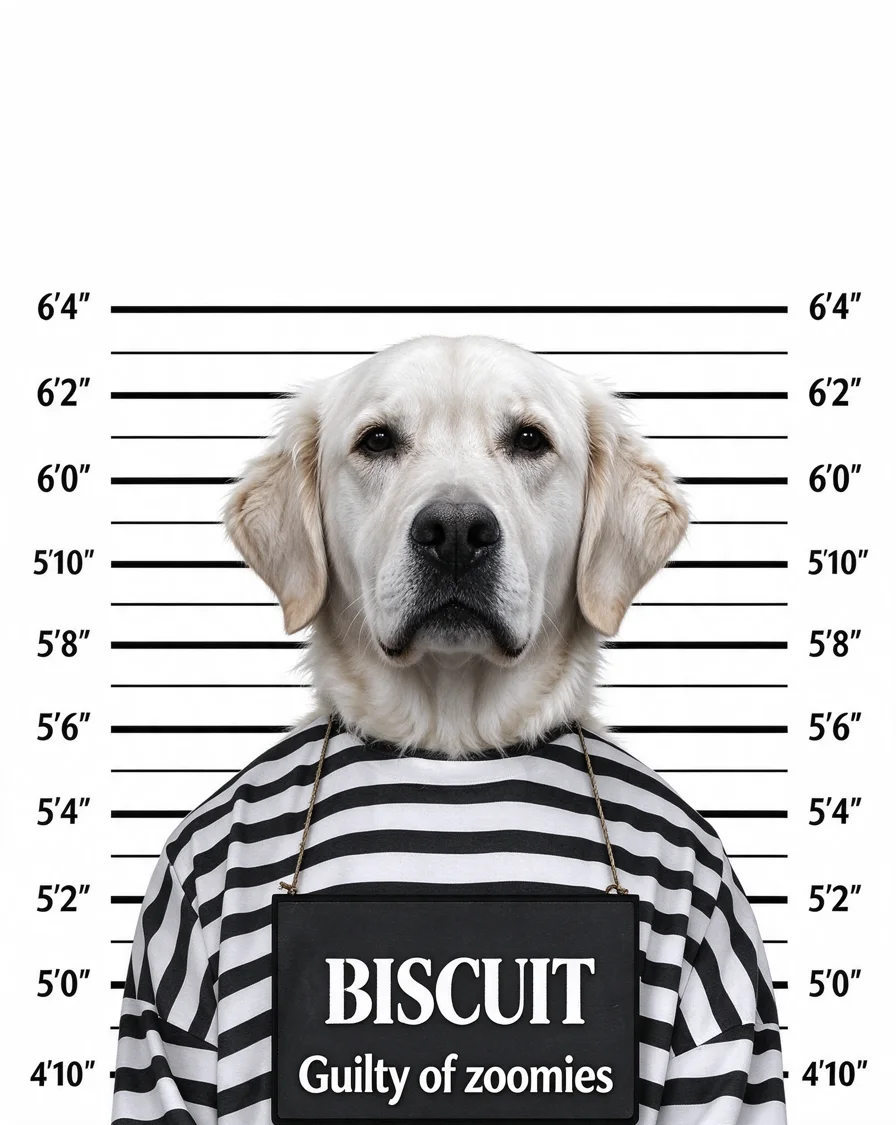 Custom Mugshot bootleg tee featuring a dog named Biscuit