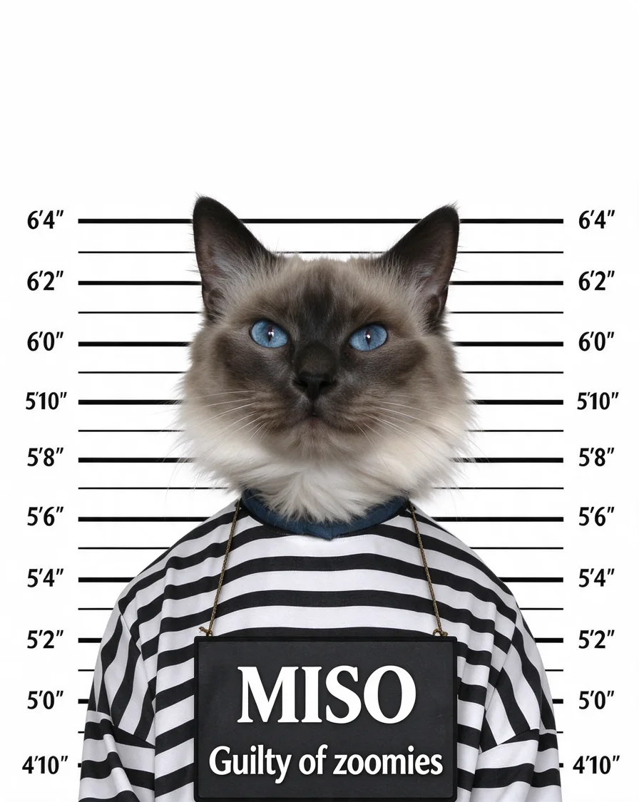 Custom Mugshot bootleg tee featuring a cat named Miso