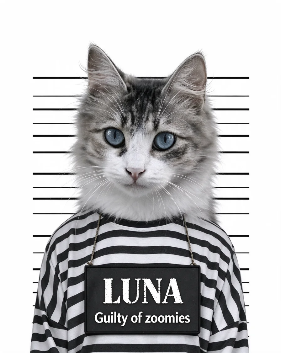 Custom Mugshot bootleg tee featuring a cat named Luna