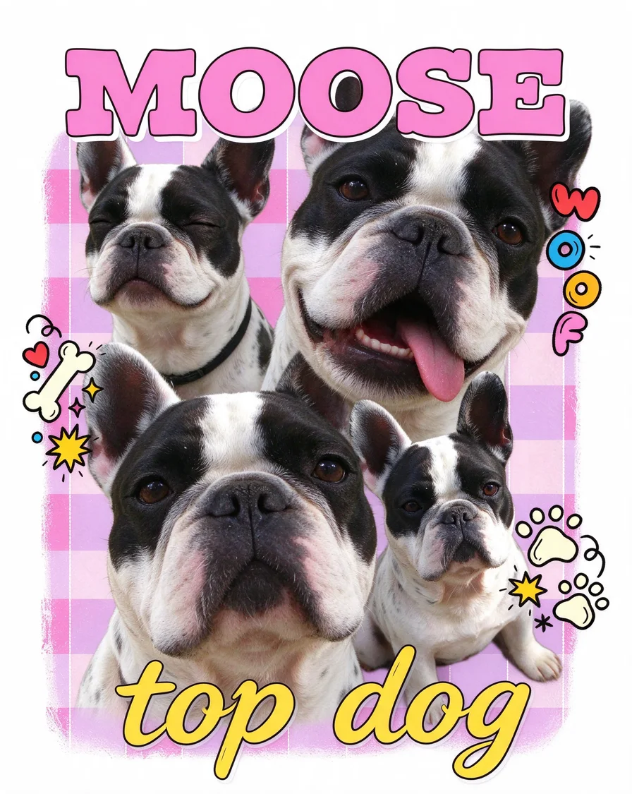 Custom Sticker Collage bootleg tee featuring a dog named Moose