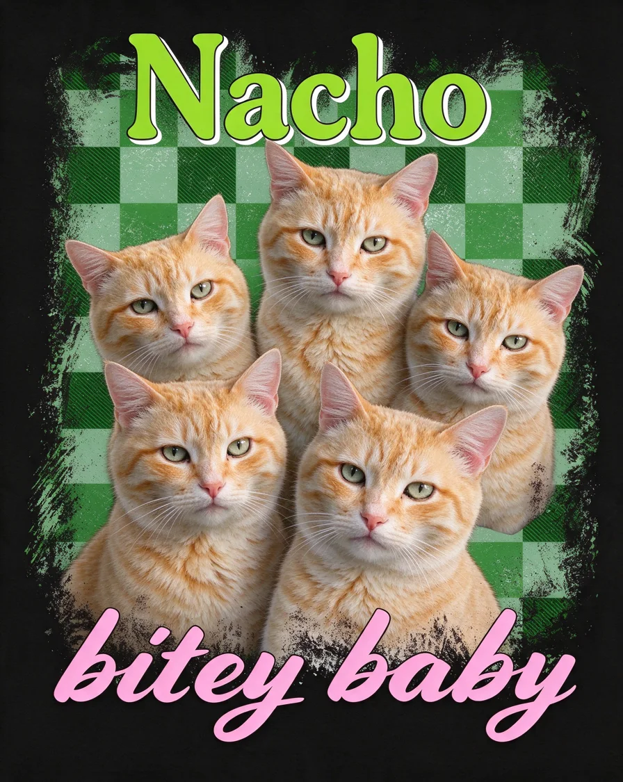 Bootleg tee example featuring a cat named Nacho