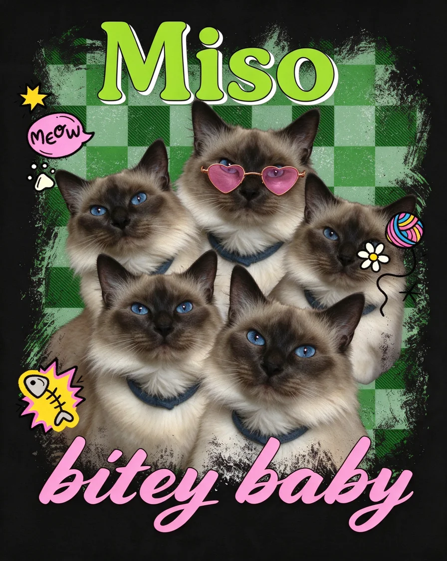 Custom Sticker Collage bootleg tee featuring a cat named Miso