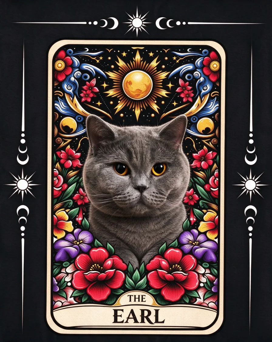Custom Tarot Card bootleg tee featuring a cat named Earl