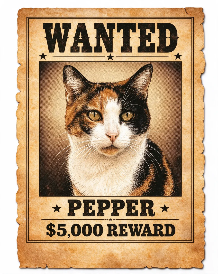 Custom Wanted Poster bootleg tee featuring a cat named Pepper
