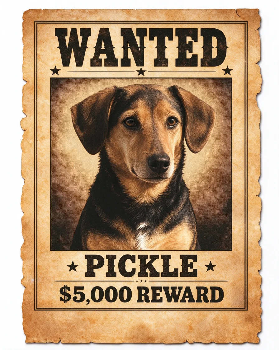 Custom Wanted Poster bootleg tee featuring a dog named Pickle