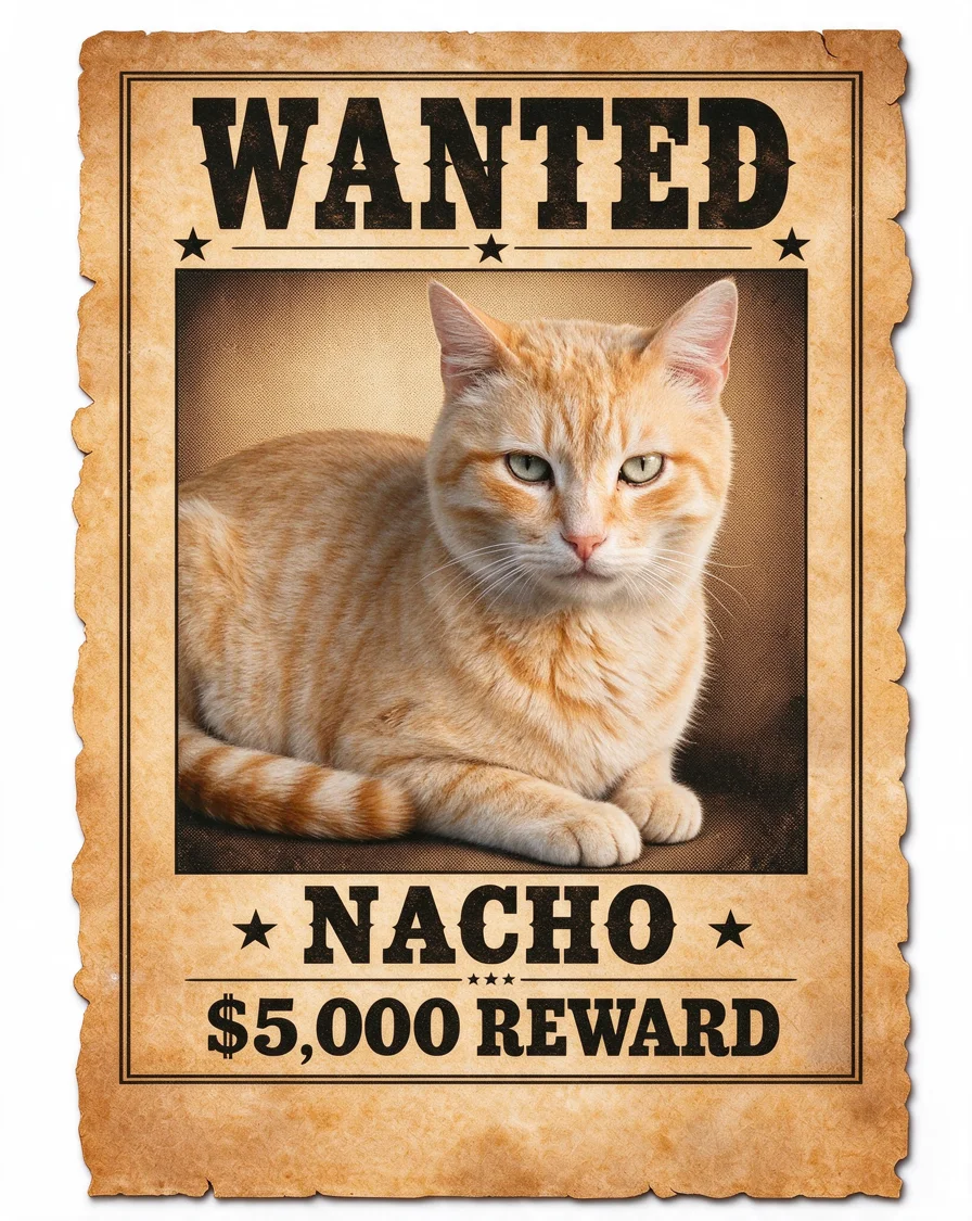 Custom Wanted Poster bootleg tee featuring a cat named Nacho